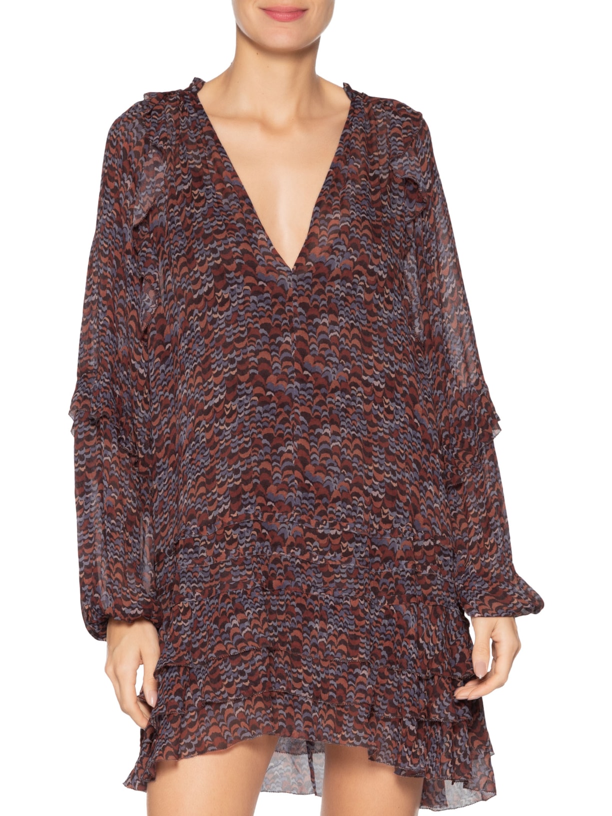 Vestido Georgette Curto Estampado Manga Longa Com Babados Roxo Animale