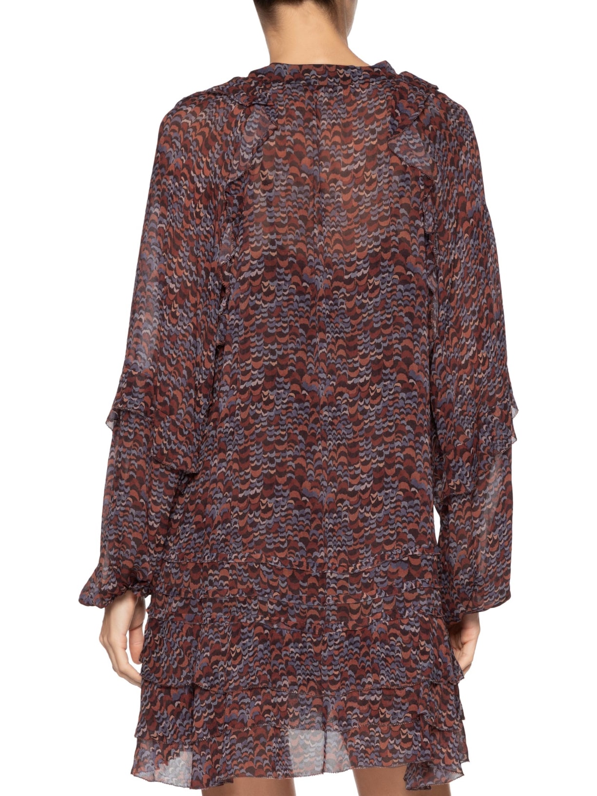 Vestido Georgette Curto Estampado Manga Longa Com Babados Roxo Animale