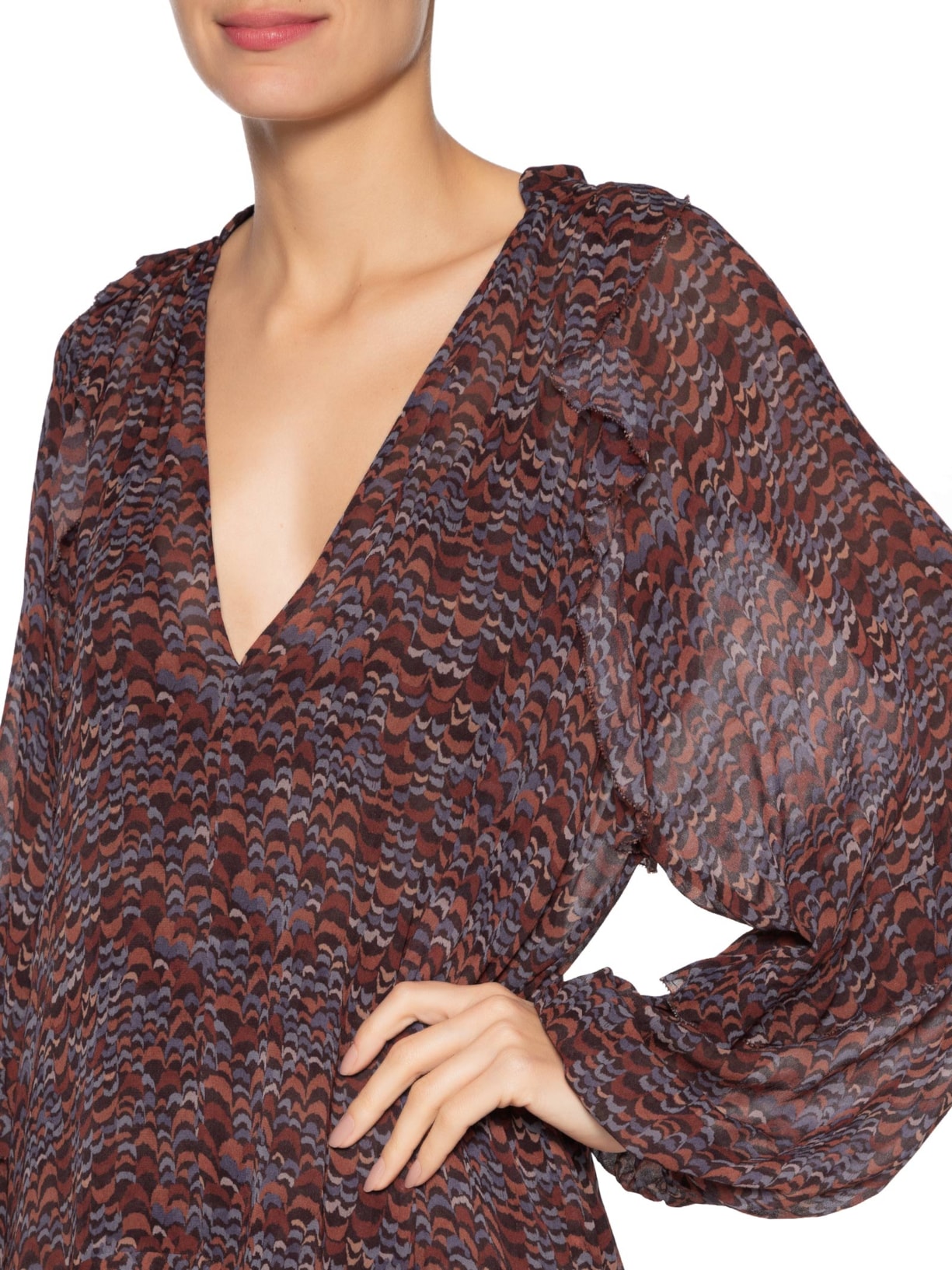 Vestido Georgette Curto Estampado Manga Longa Com Babados Roxo Animale