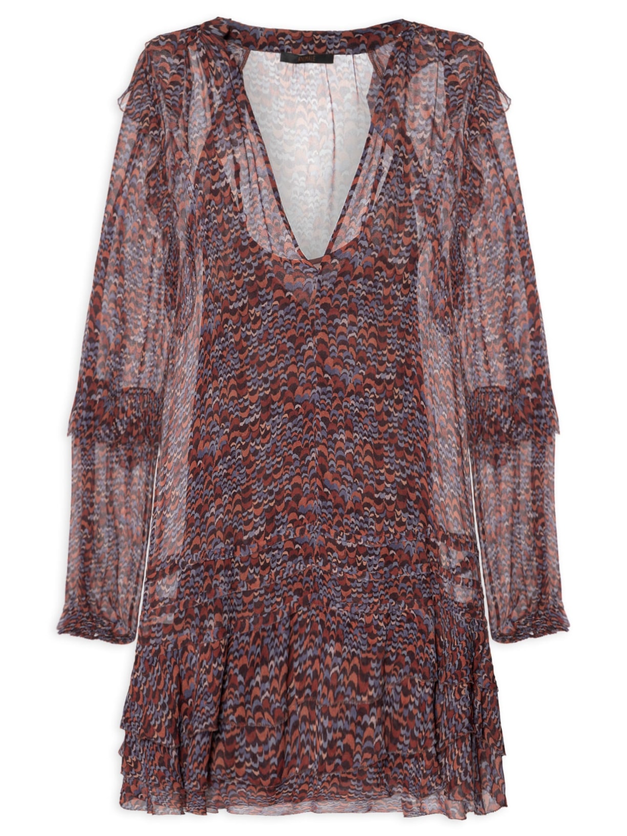 Vestido Georgette Curto Estampado Manga Longa Com Babados Roxo Animale