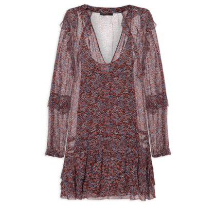 Vestido Georgette Curto Estampado Manga Longa Com Babados - Roxo