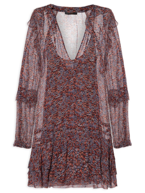 Vestido Georgette Curto Estampado Manga Longa Com Babados - Roxo