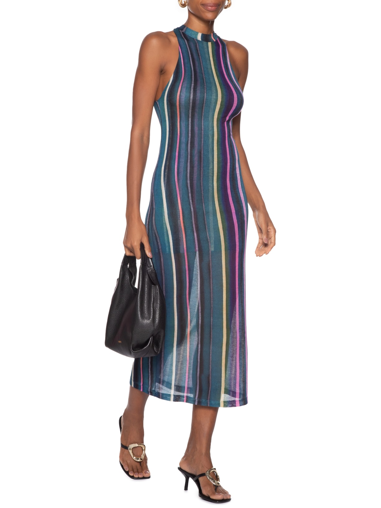 Vestido Gola Alta Manga Tr Estampado Azul Animale