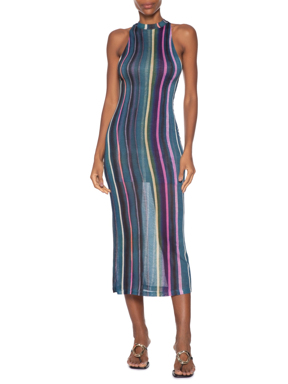 Vestido Gola Alta Manga Tr Estampado Azul Animale