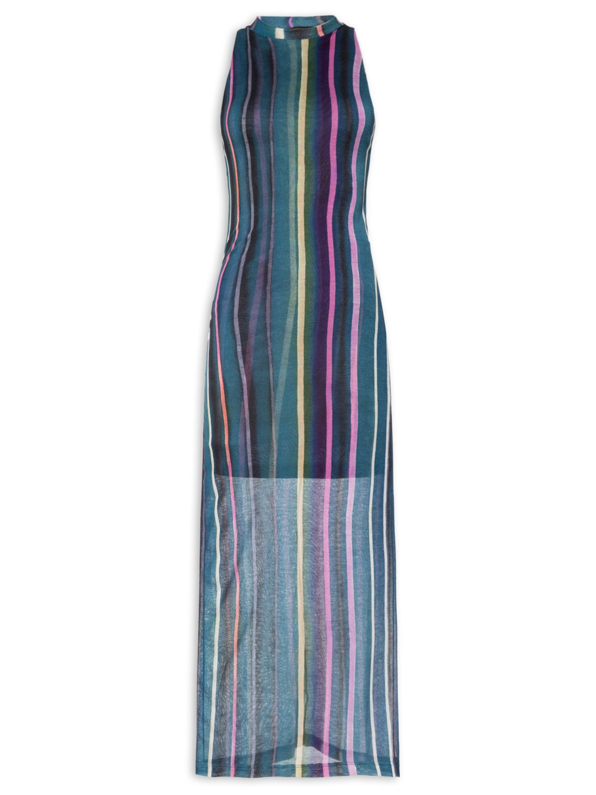 Vestido Gola Alta Manga Tr Estampado Azul Animale