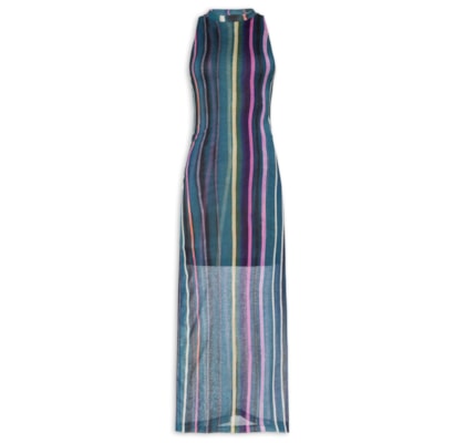 Vestido Gola Alta Manga Tr Estampado - Azul