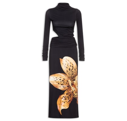 Vestido Gola Redonda Orquídea Onça - Preto