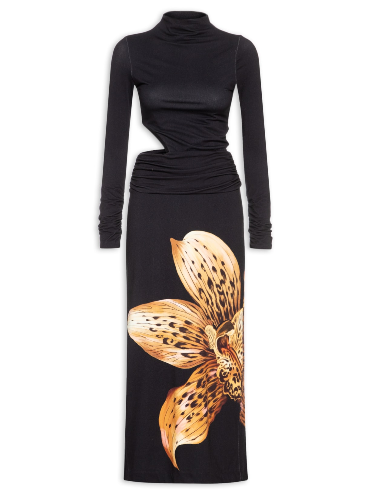 Vestido Gola Redonda Orquídea Onça - Preto