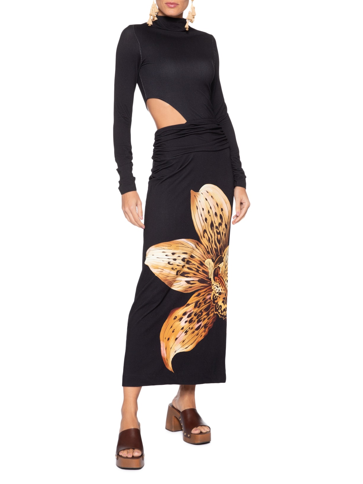 Vestido Gola Redonda Orquídea Onça Preto Farm