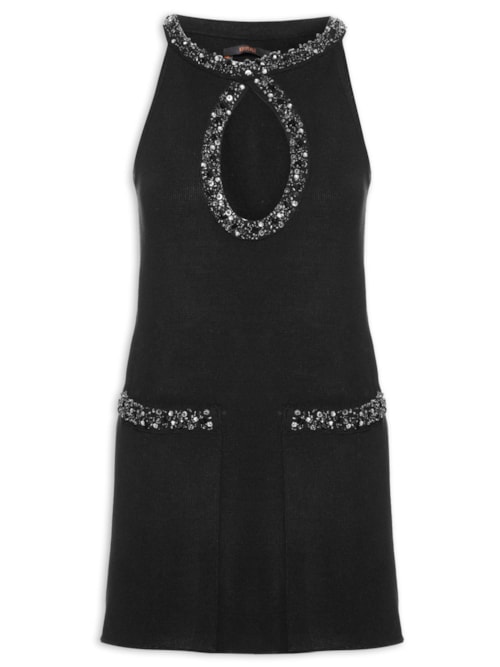 Vestido Gota Bordado Tricot - Preto