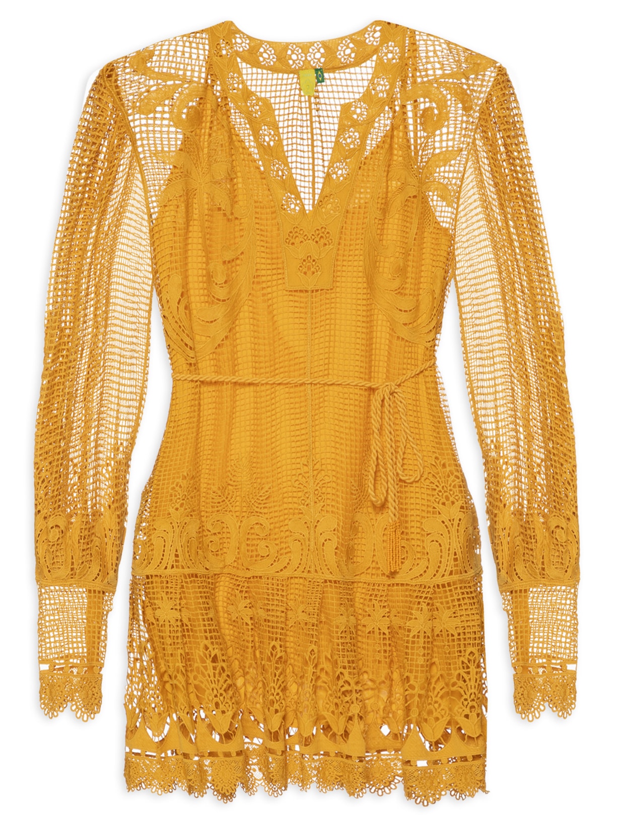 Vestido Guipure Pintura De Flor - Amarelo