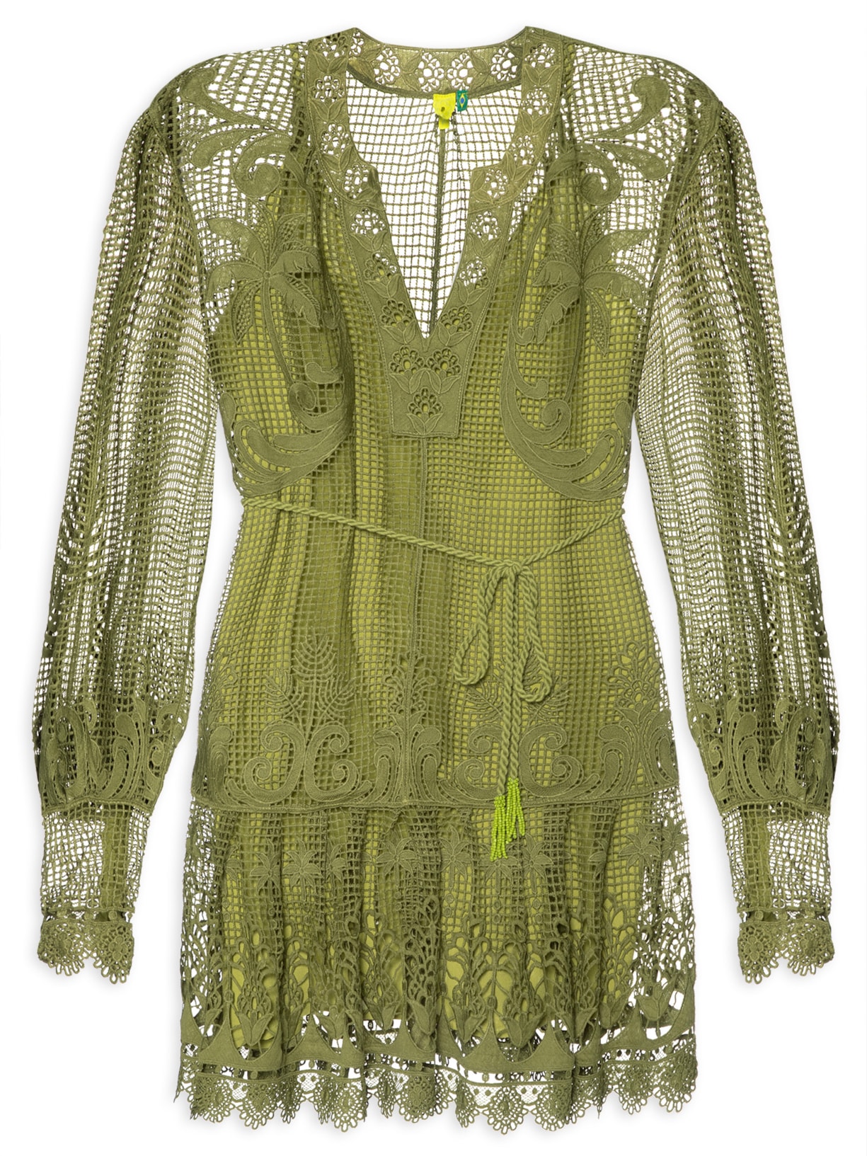 Vestido Guipure Pintura De Flor - Verde