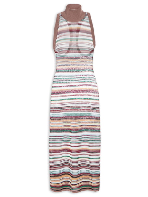 Vestido Halter Tripes Lurex - Marrom
