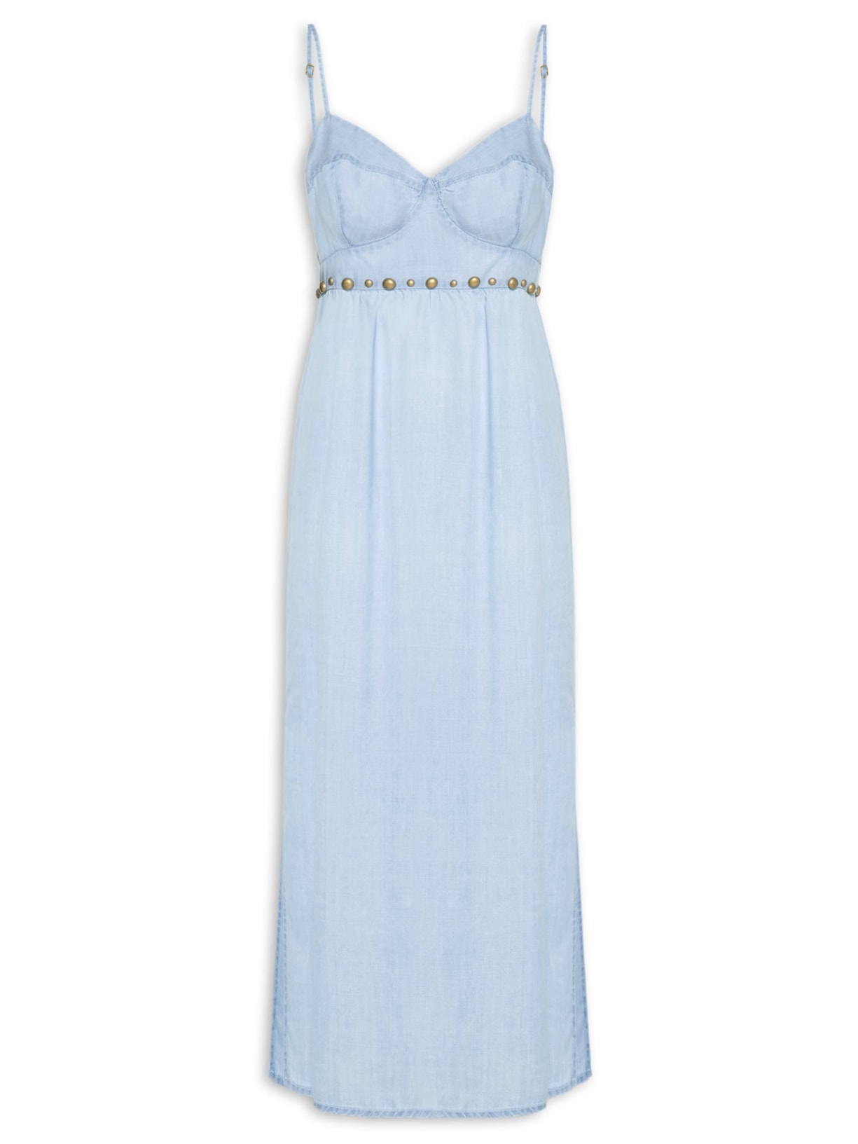 Vestido Jeans Bojo Alcinha Rebites Azul Maria Filó