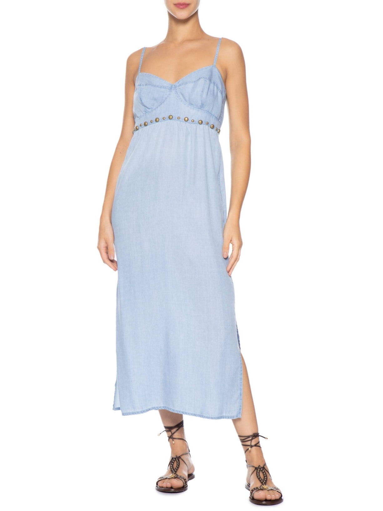 Vestido Jeans Bojo Alcinha Rebites Azul Maria Filó