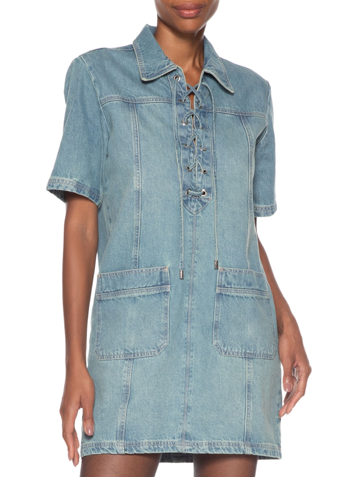 Vestido Jeans Curto Com Amarrações Azul Animale Jeans