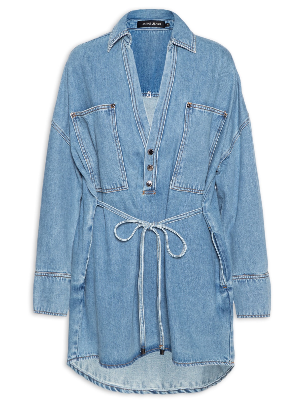 Vestido Jeans Decote V Amarração - Azul