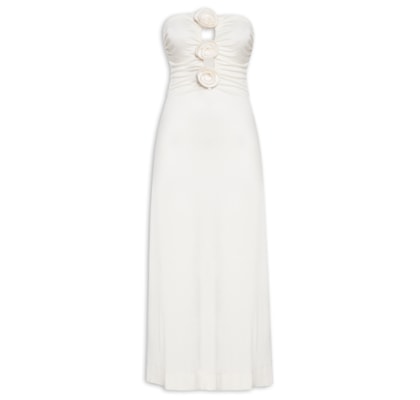 Vestido Jersey Flores Decote - Branco
