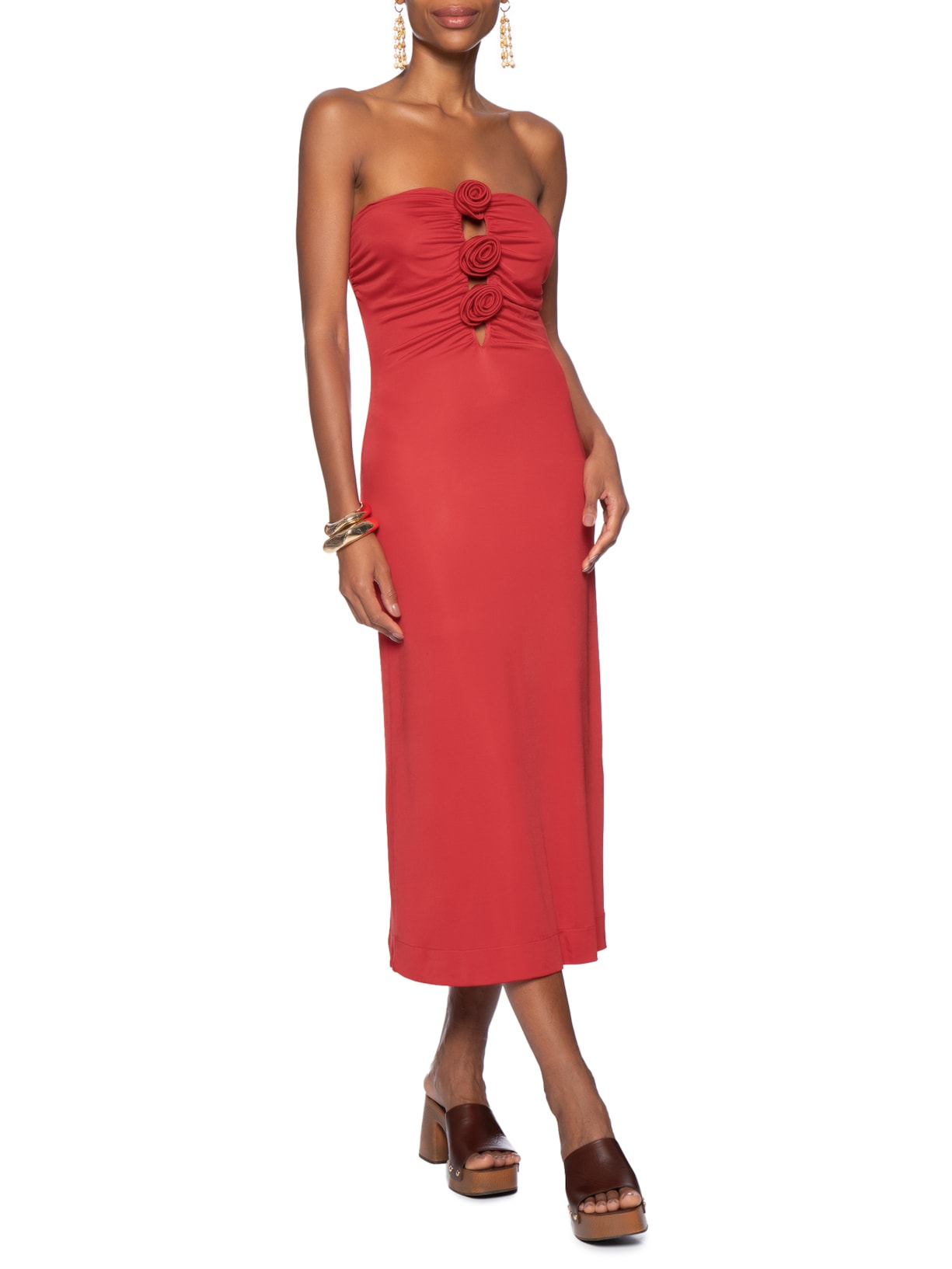 Vestido Jersey Flores Decote Vermelho Farm