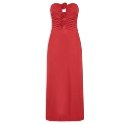 Vestido Jersey Flores Decote - Vermelho