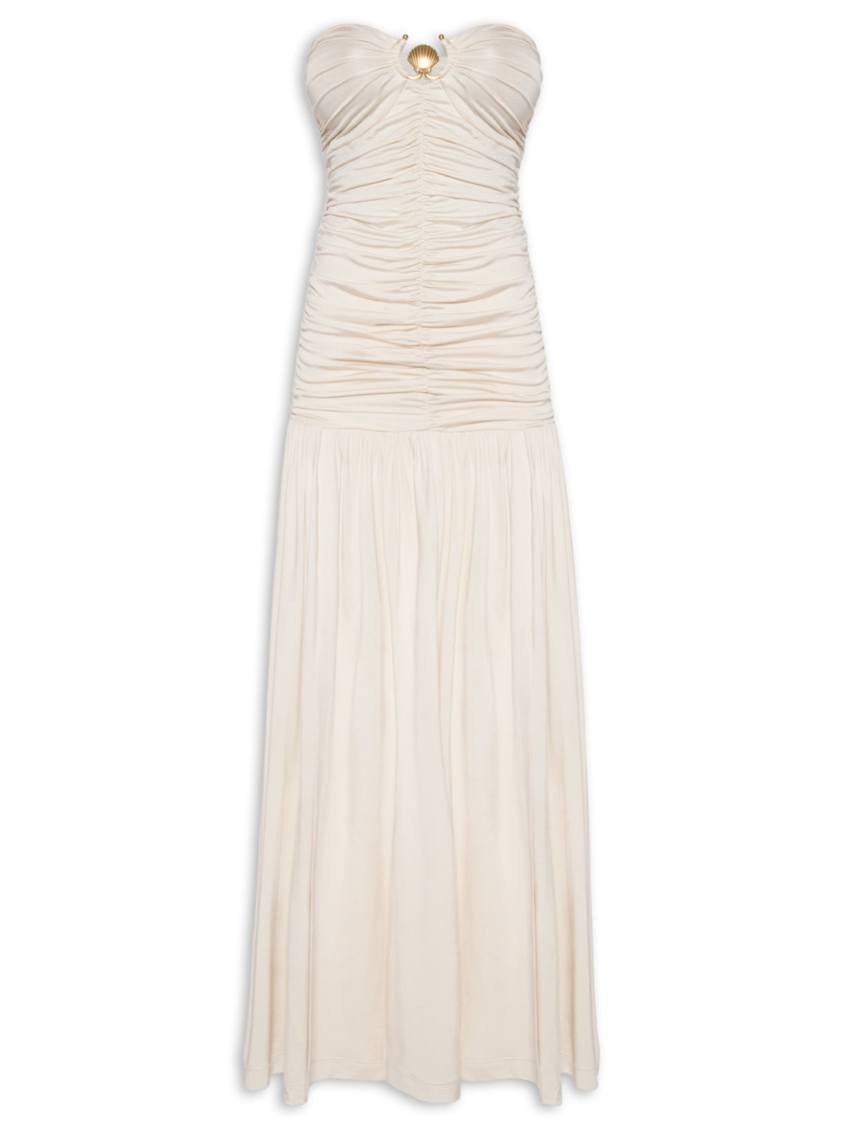 Vestido Jersey Franzido Com Fivela - Bege