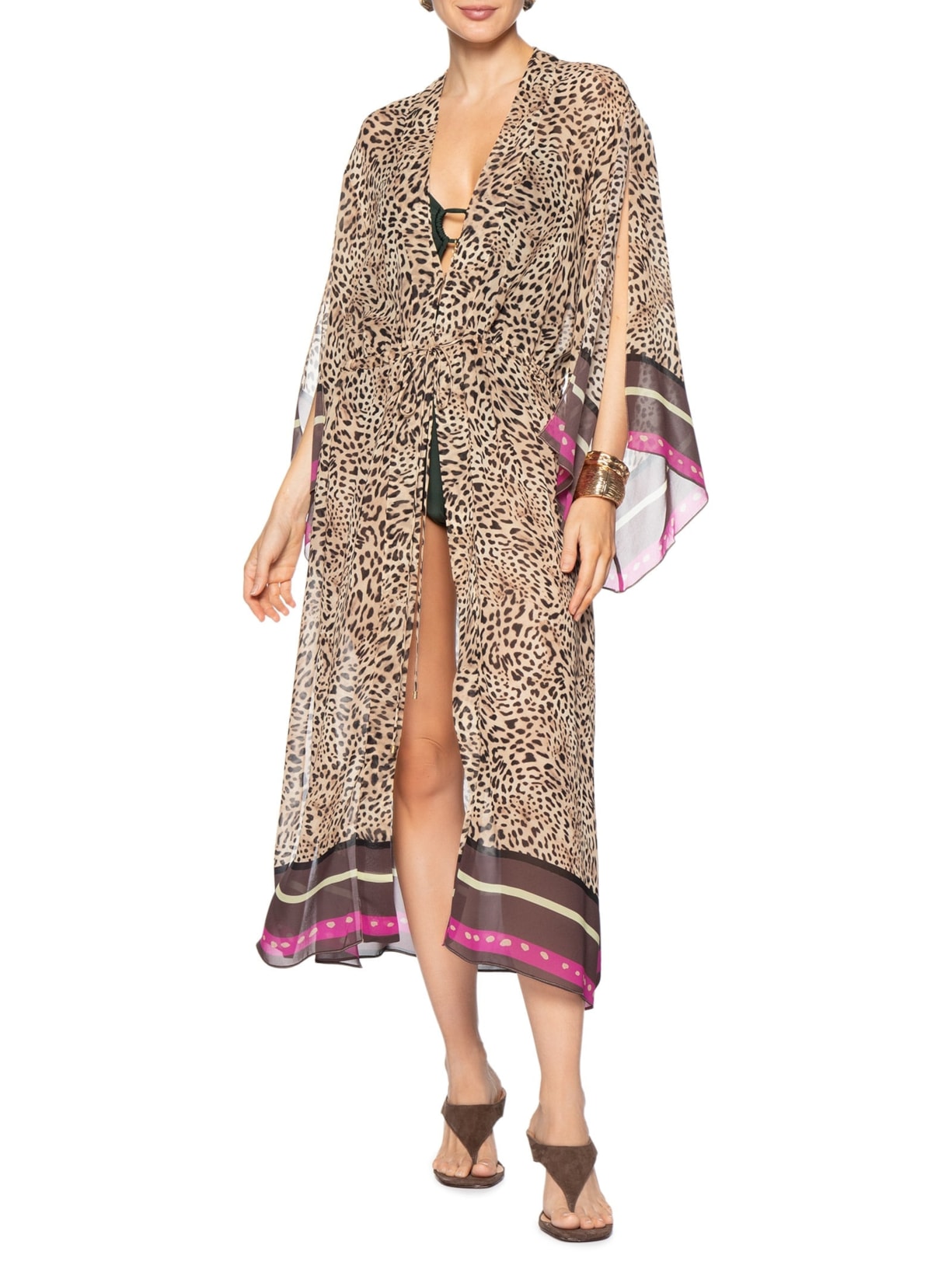 Vestido Kaftan Onça Lenço Resort Marrom Animale Resort