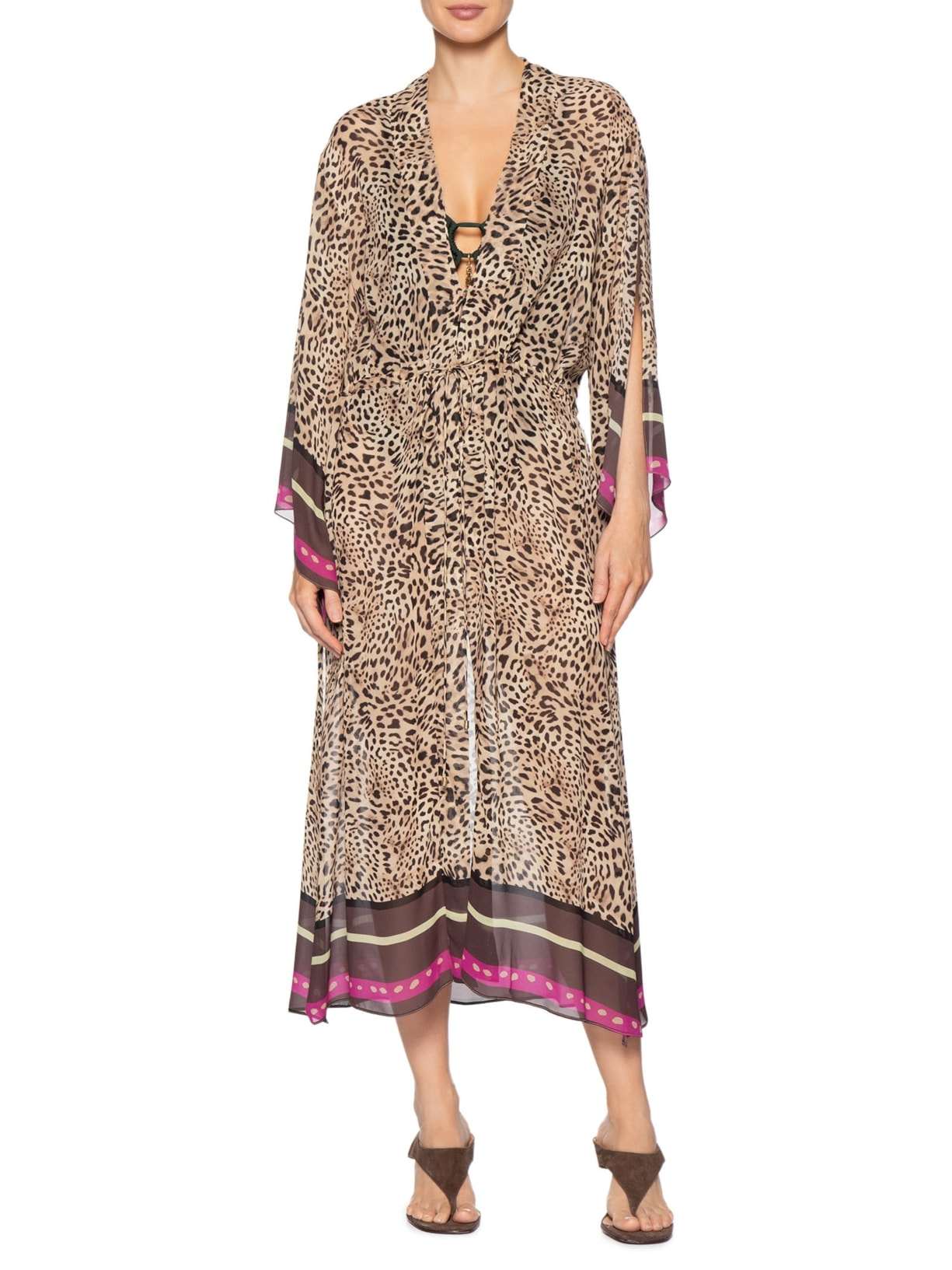 Vestido Kaftan Onça Lenço Resort Marrom Animale Resort