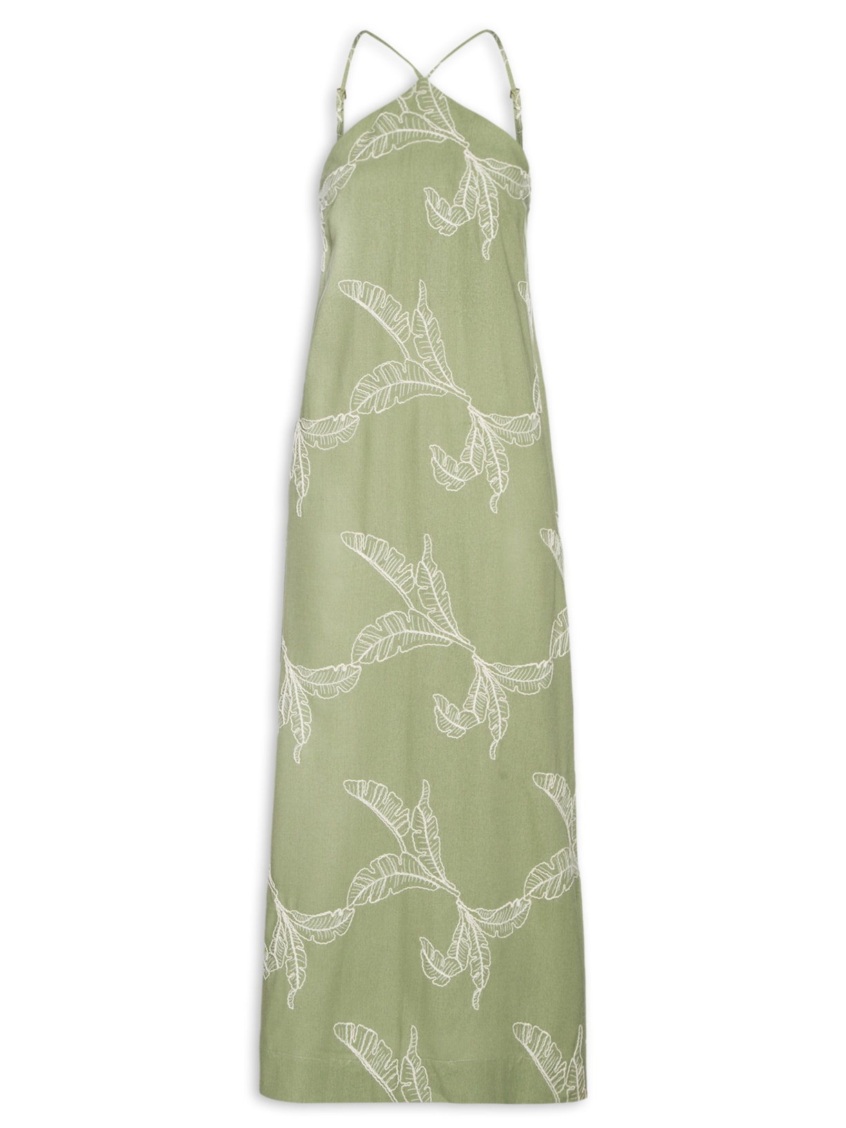 Vestido Linho Bordado Folhas - Verde