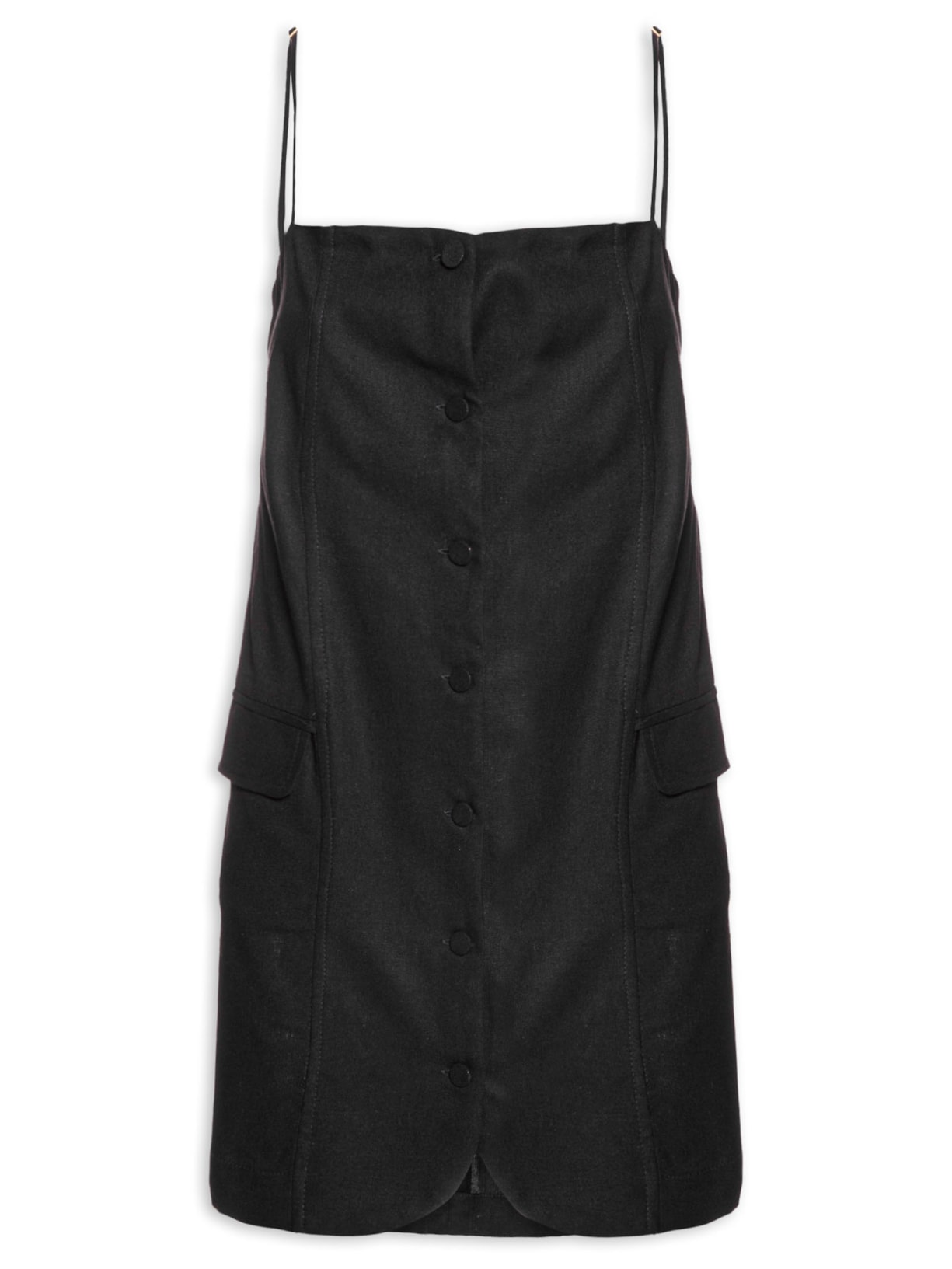 Vestido Linho Curto Botões Frente - Preto