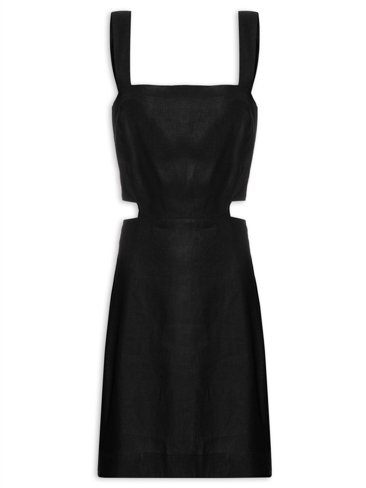 Vestido Linho Curto Recortes Geométricos - Preto