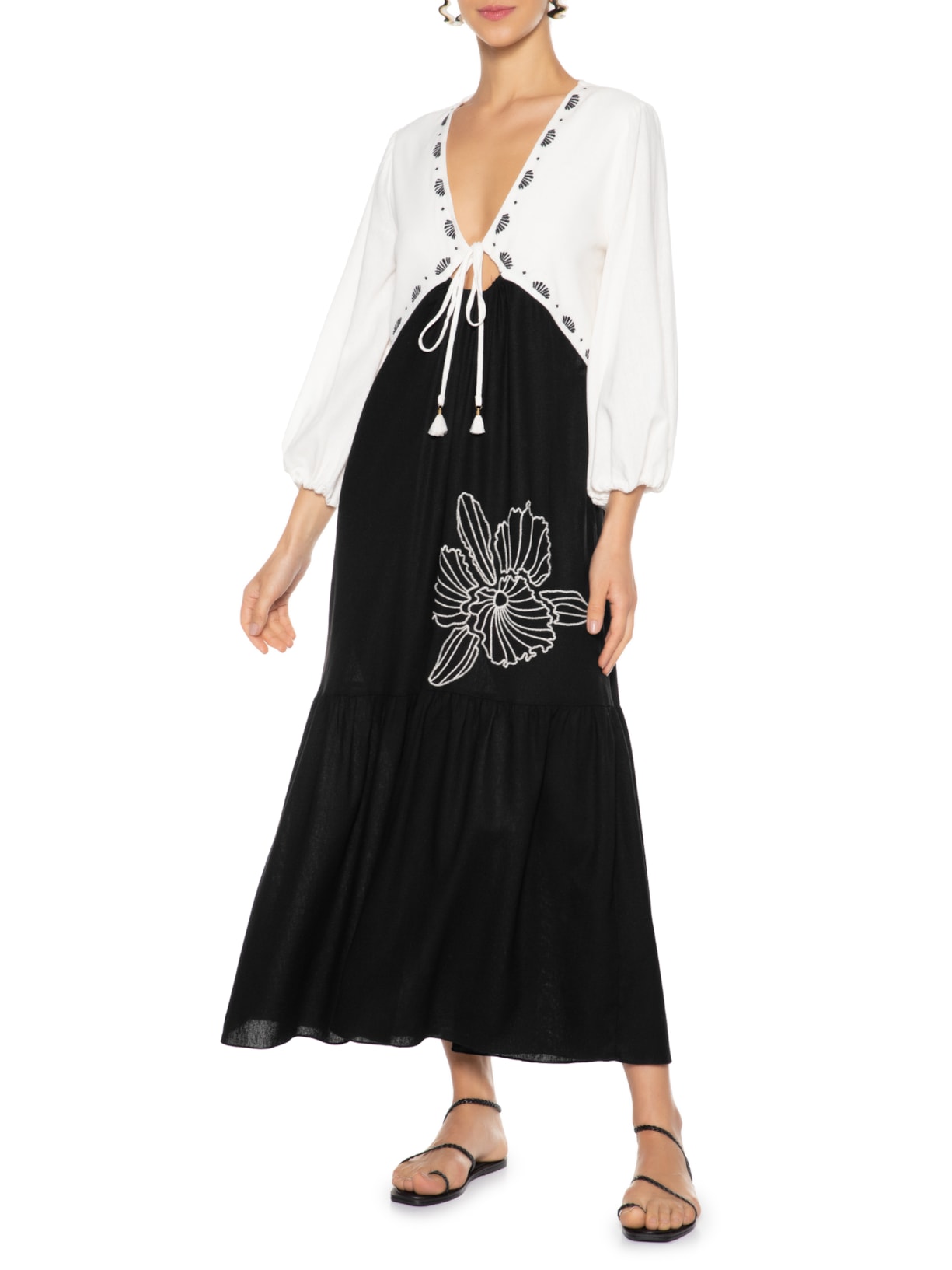 Vestido Linho Longuete Bordado Preto Dress To