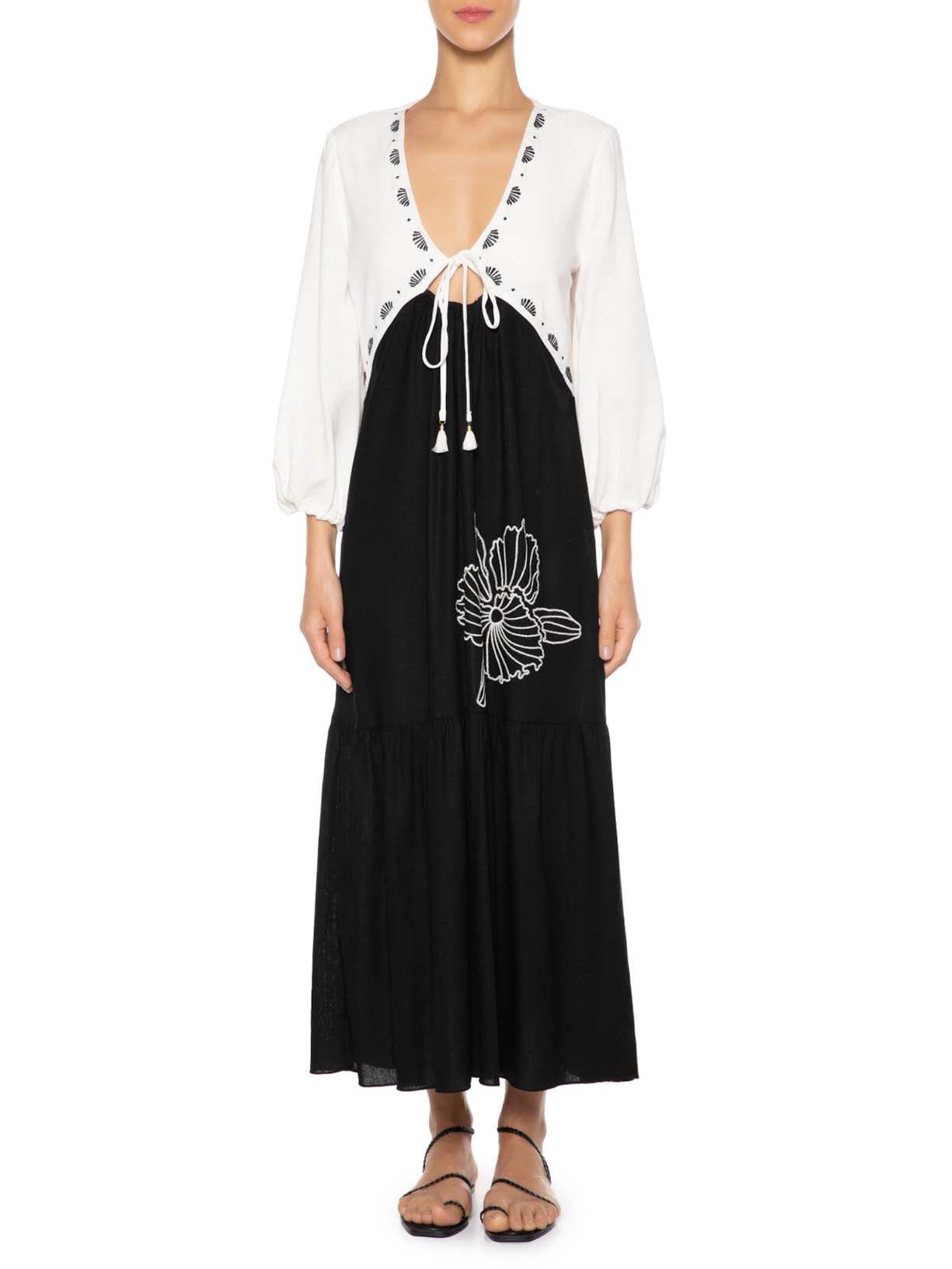 Vestido Linho Longuete Bordado Preto Dress To