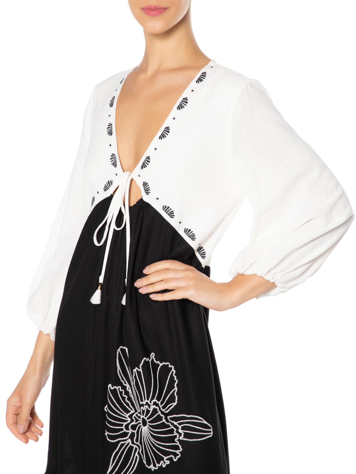 Vestido Linho Longuete Bordado Preto Dress To