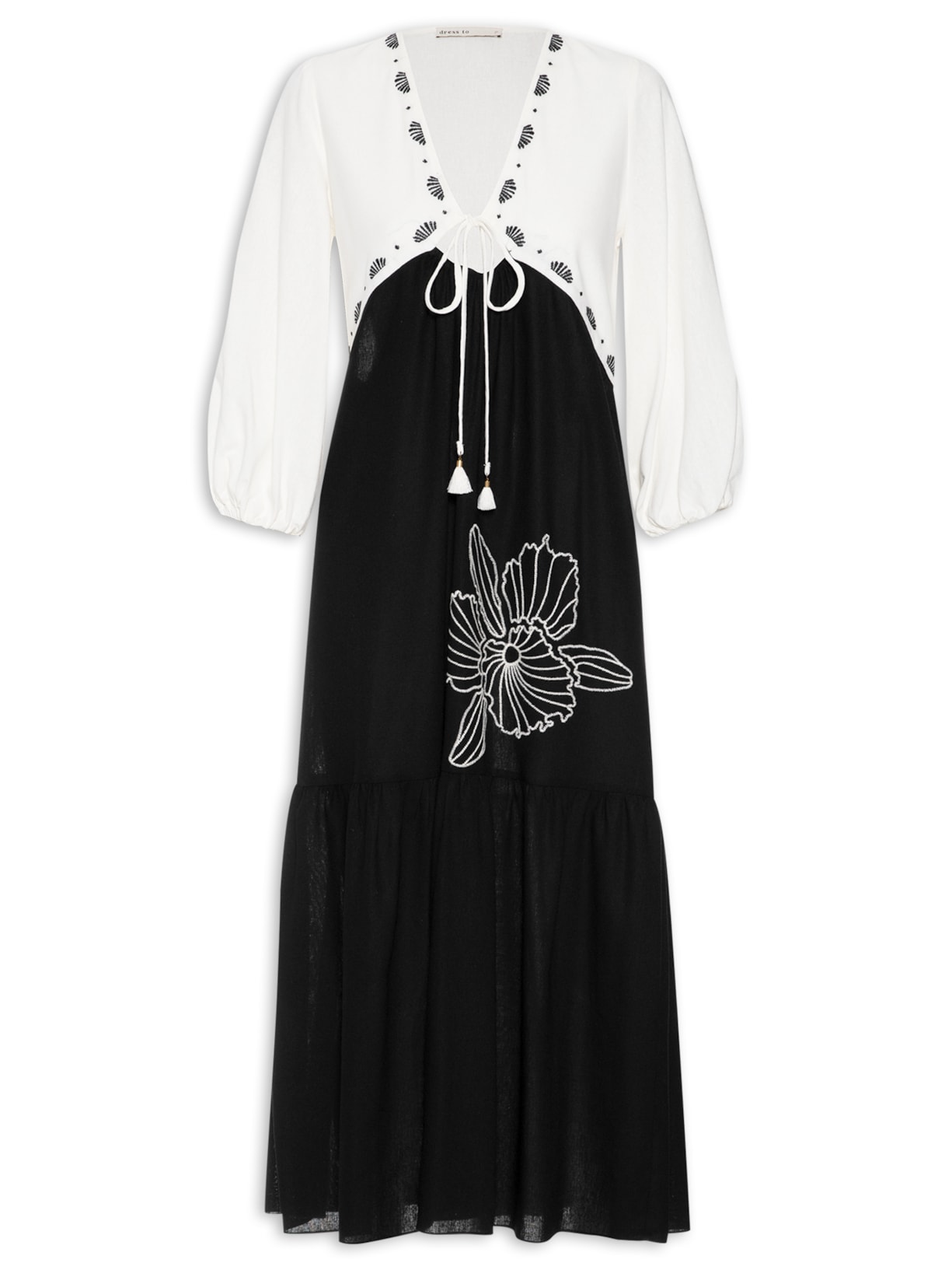 Vestido Linho Longuete Bordado Preto Dress To