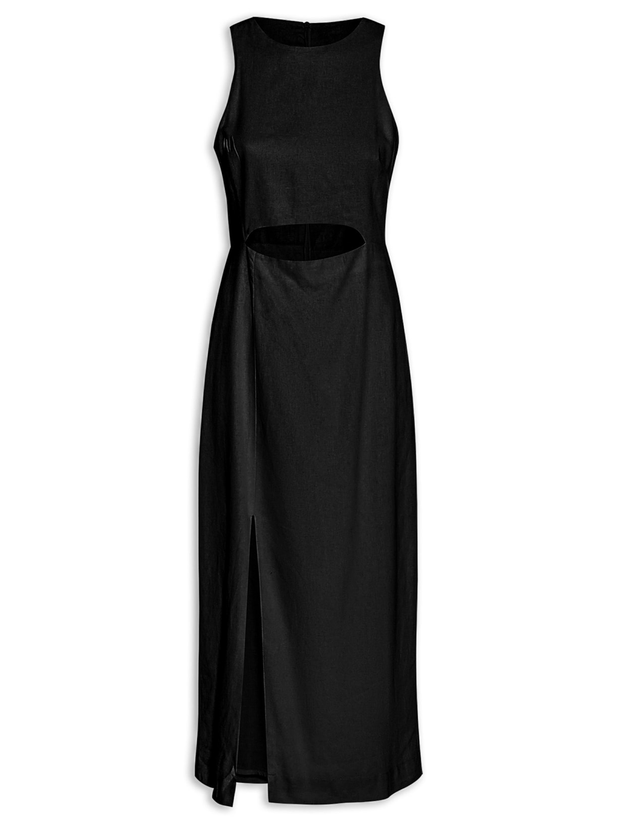 Vestido Linho Longuete Fenda Frente - Preto