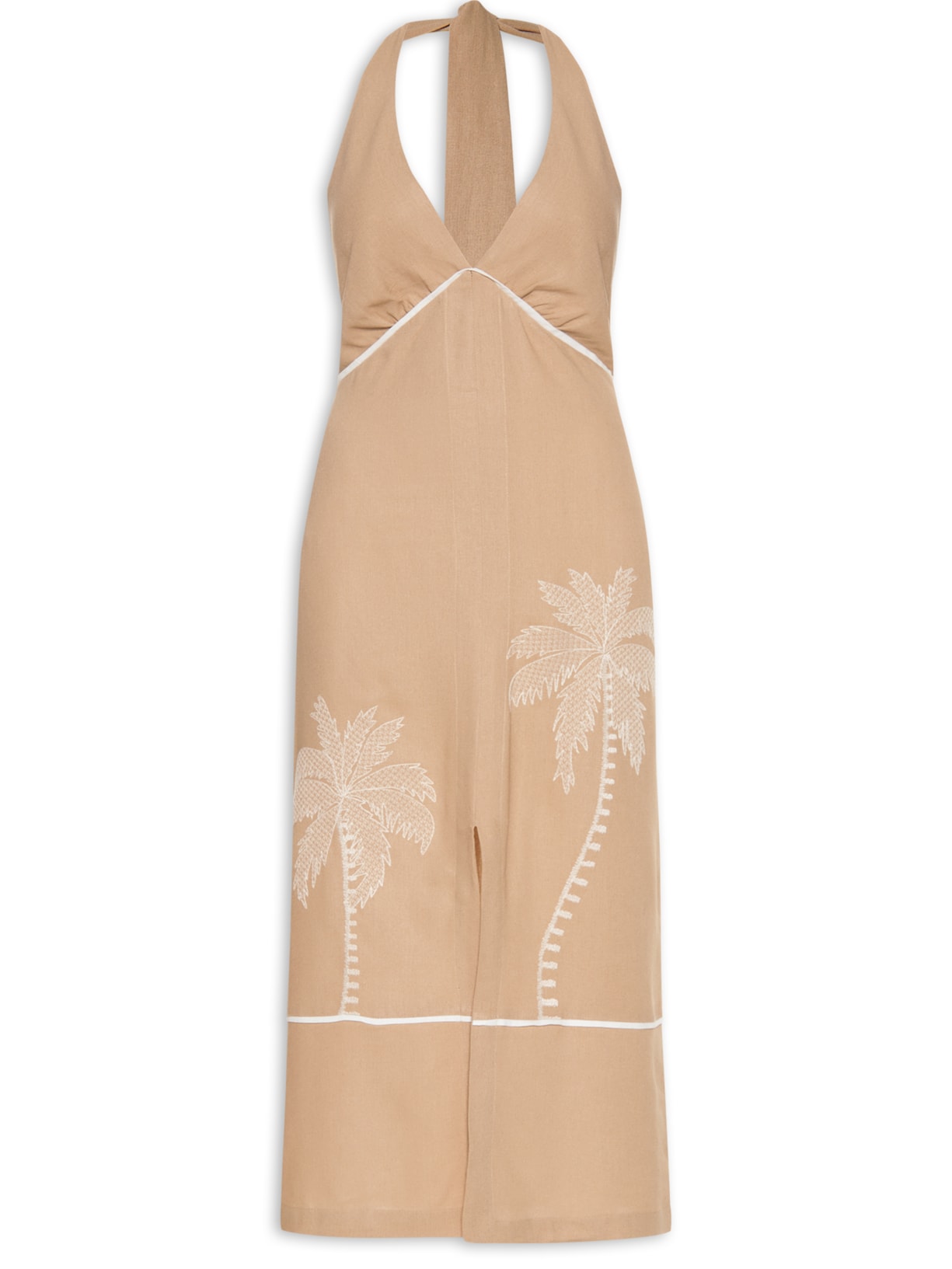Vestido Linho Midi Bordado Coqueiro - Bege