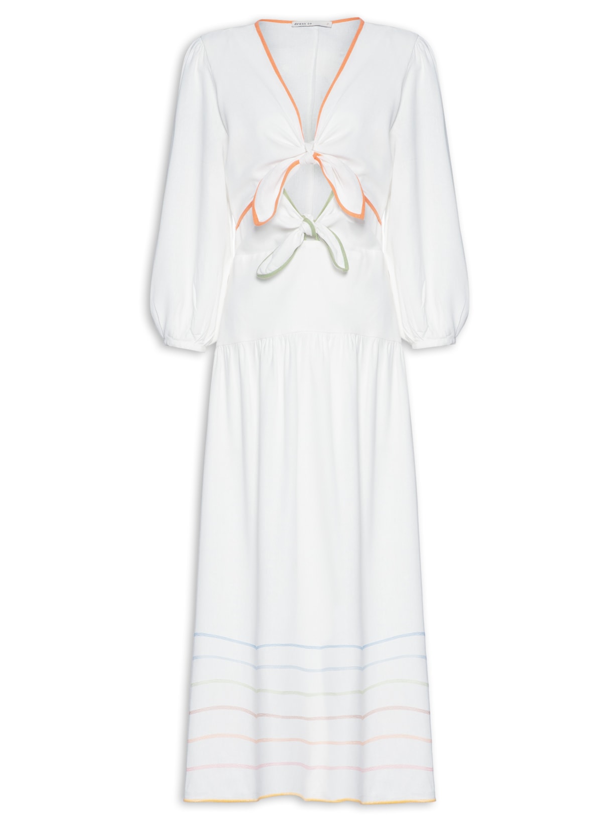 Vestido Linho Midi Bordado Ondas Colorido - Branco