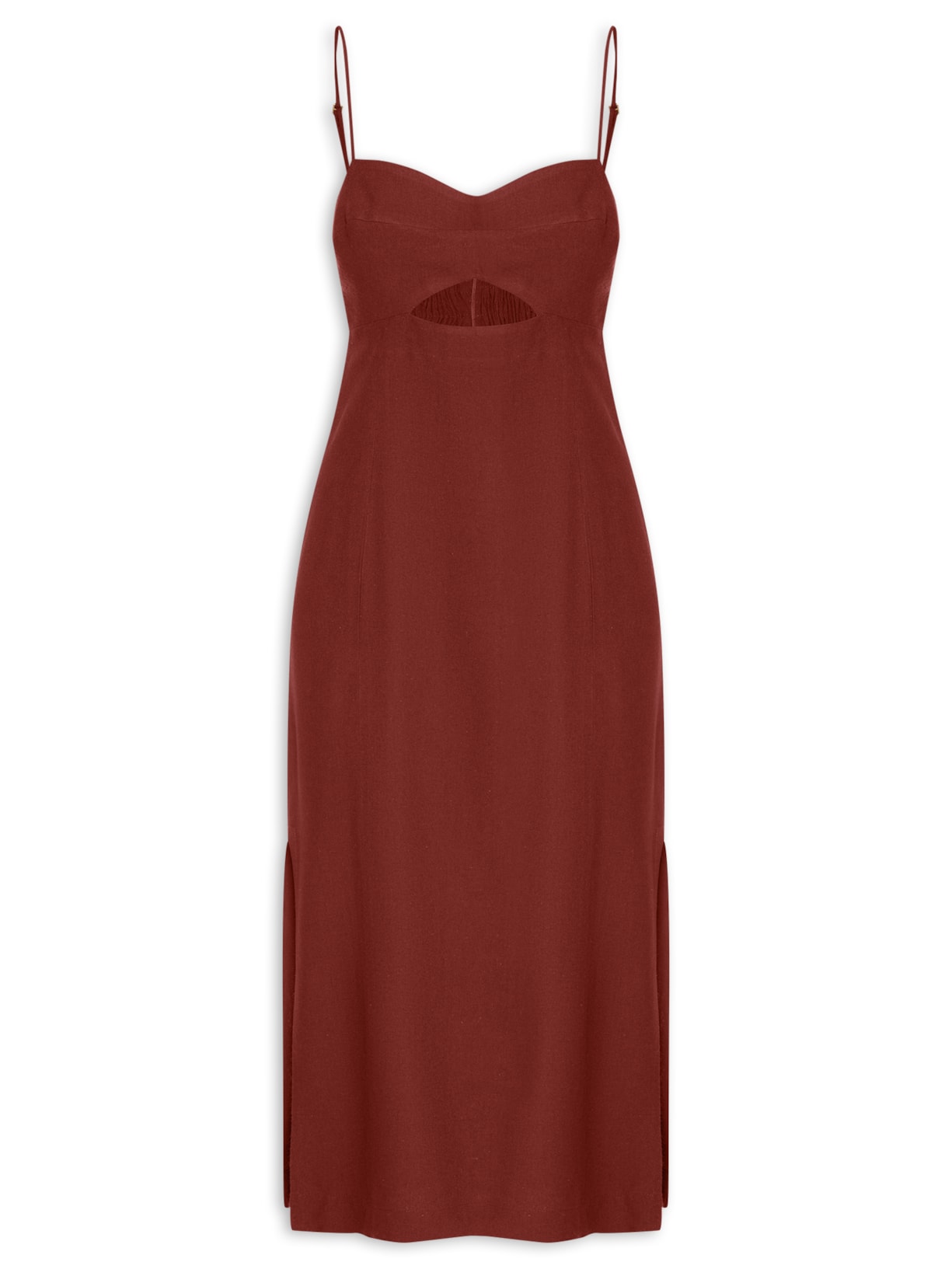 Vestido Linho Midi Com Fenda - Vinho
