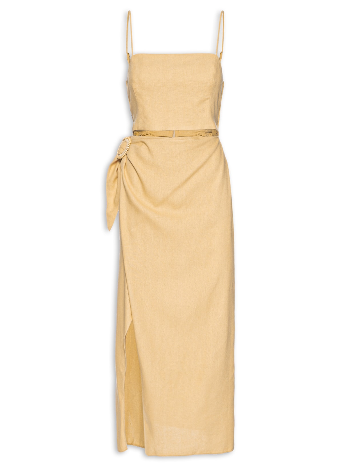 Vestido Linho Midi Com Fivela - Bege