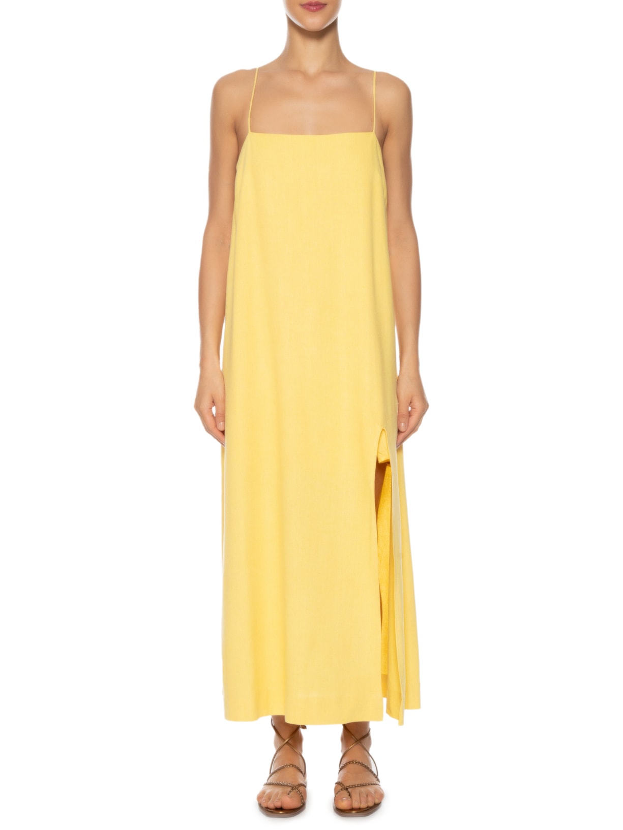 Vestido Linho Midi Fenda Amarelo Dress To