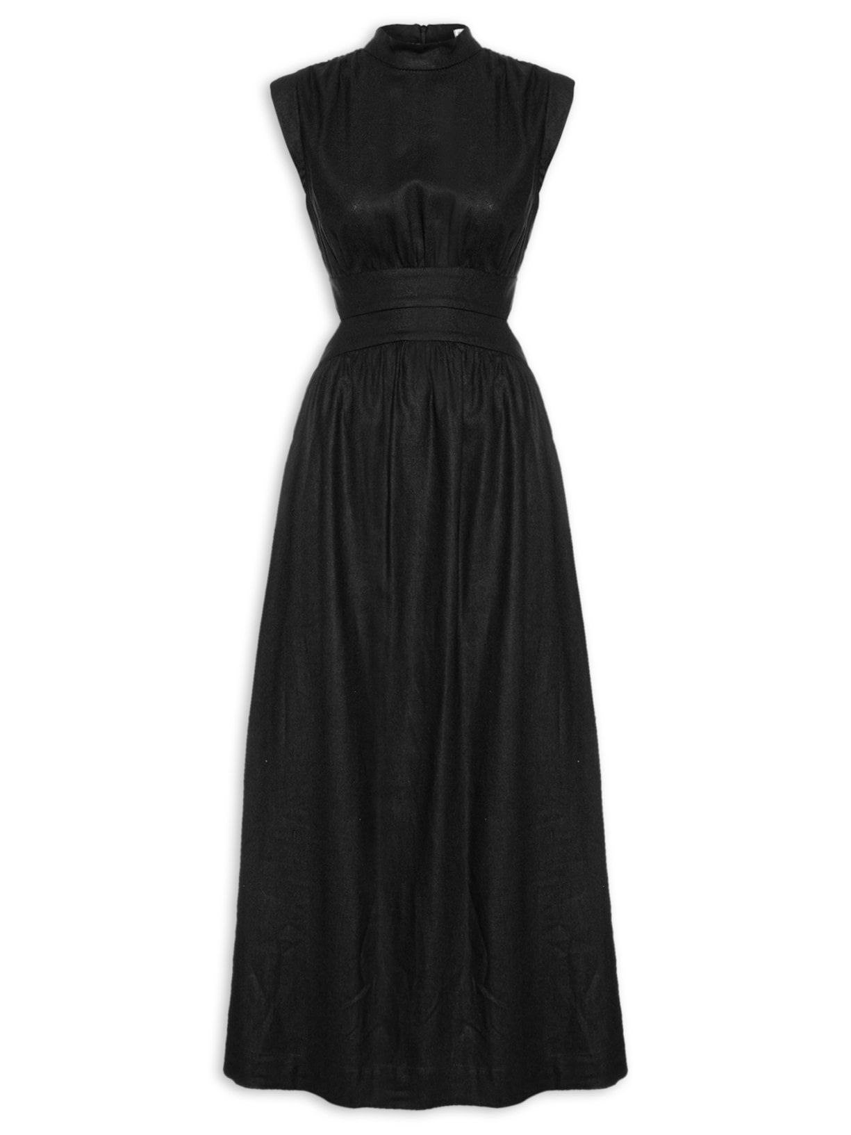 Vestido Linho Midi Pala Arredondada - Preto