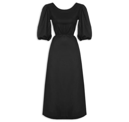 Vestido Linho Midi Recortes Amarração - Preto
