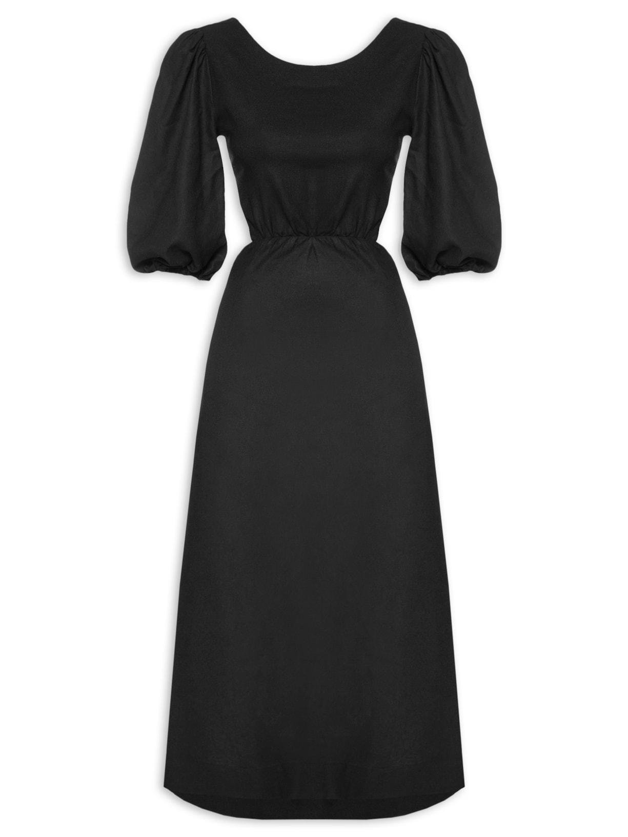 Vestido Linho Midi Recortes Amarração - Preto