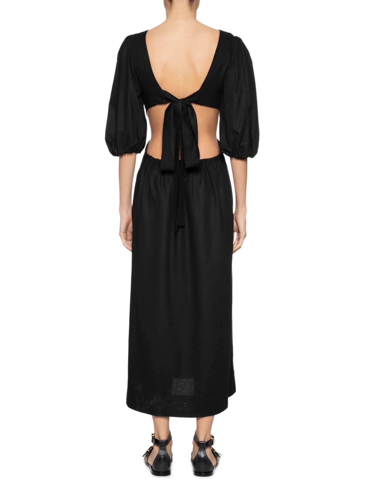 Vestido Linho Midi Recortes Amarração Preto Dress To