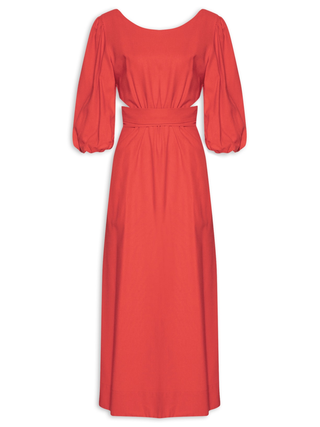 Vestido Linho Midi Recortes Amarração - Vermelho