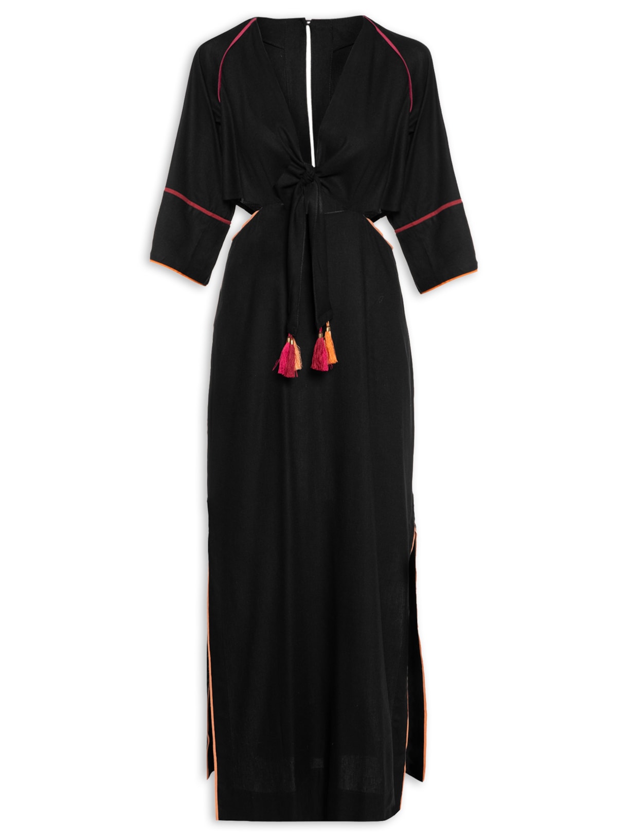 Vestido Linho Midi Tassel Colorido - Preto