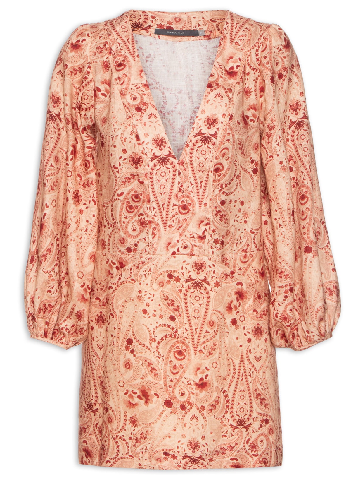 Vestido Linho Recortes Estampa Bohemiam - Vermelho