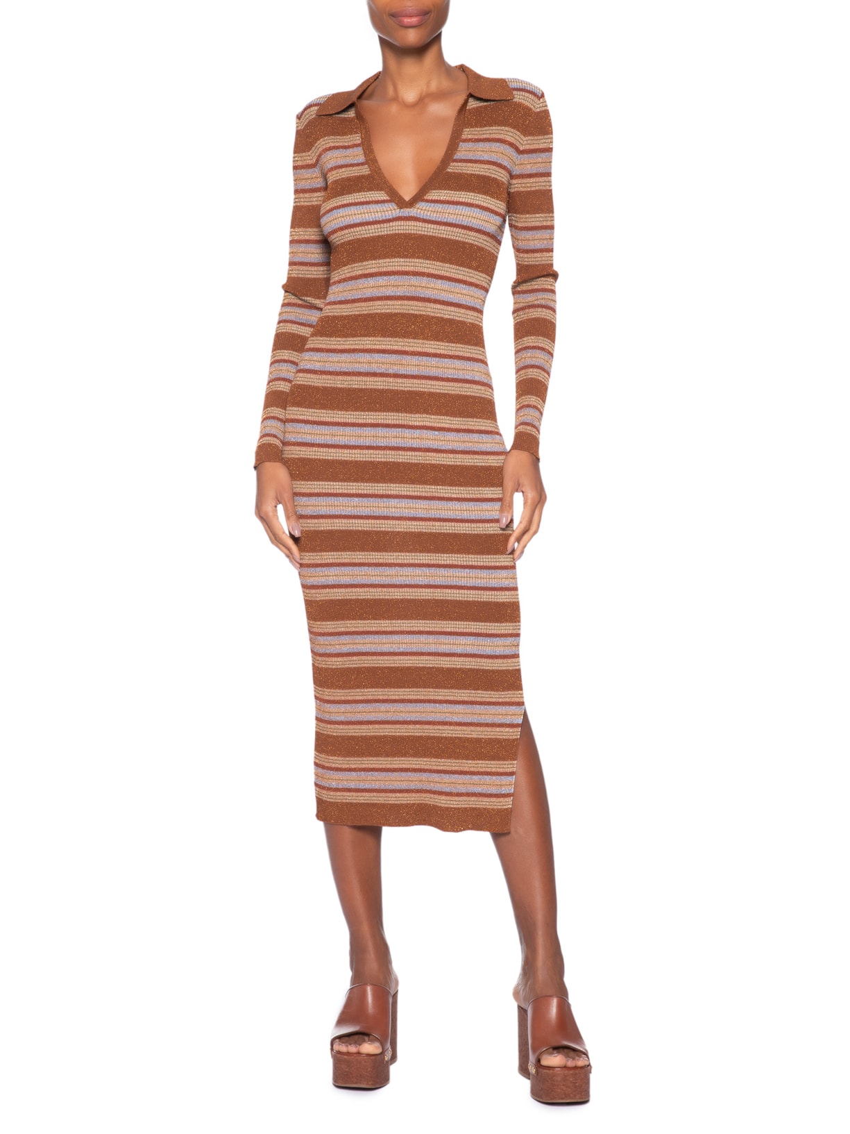 Vestido Listrado Com Lurex Decote V Gola Marrom Animale