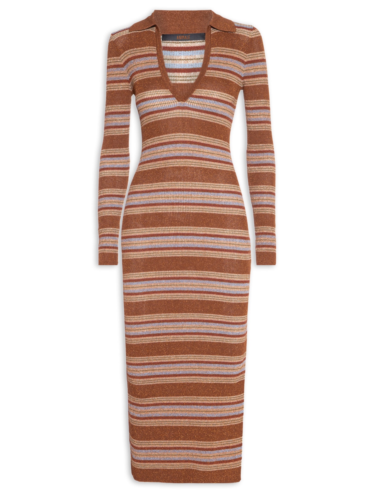 Vestido Listrado Com Lurex Decote V Gola – Marrom Animale