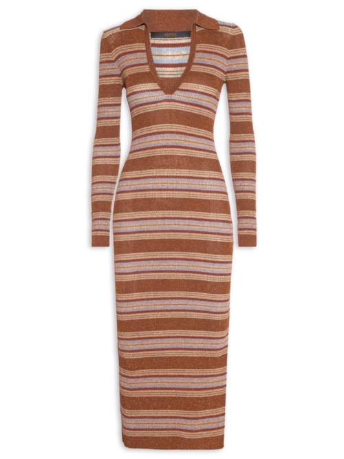 Vestido Listrado Com Lurex Decote V Gola – Marrom